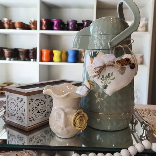 Set de mate con termo de valentina (verde), guampa cerámica y flor cerámica esmaltada , image 1